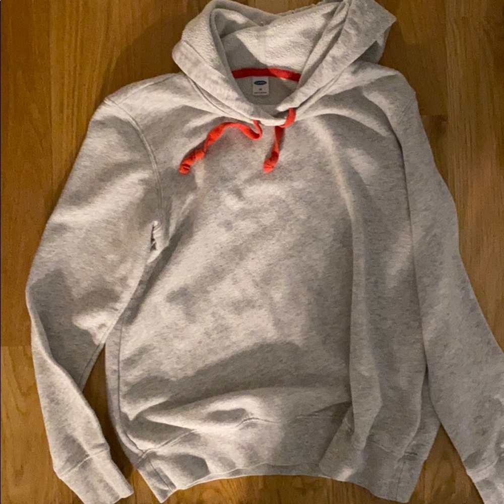 Light Grey Warm Hoodie Red Drawstrings